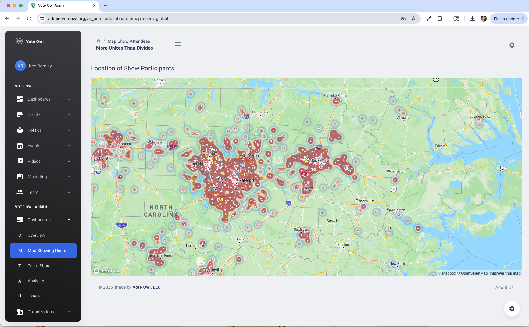 Map showing attendee data from Vote Owl events